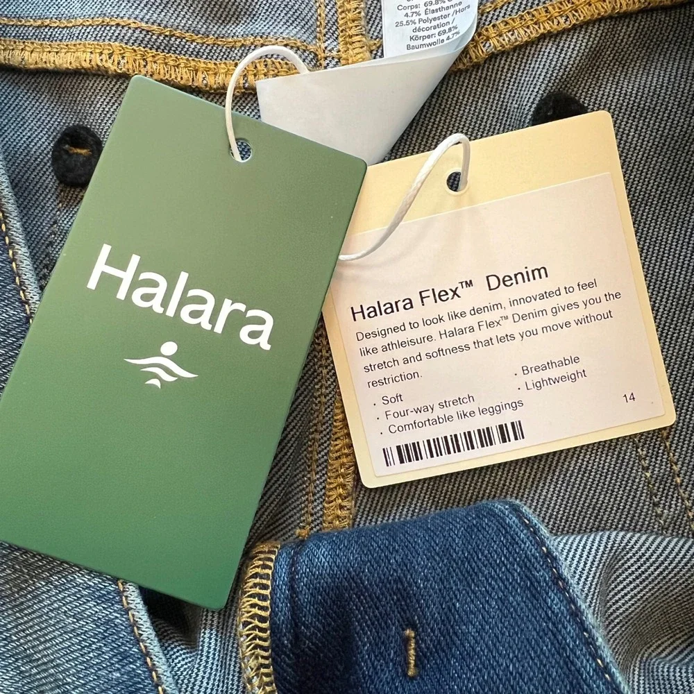 Halara Flex Denim Blue Wide Leg Stretch Asymmetrical Waist Jeans NWT Size MP - Picture 4 of 9